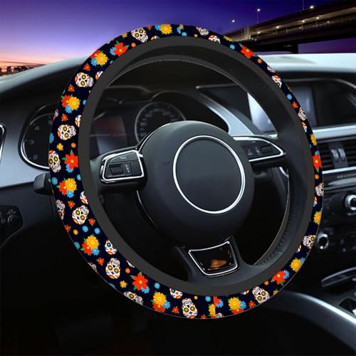Swono Day of The Dead Sugar Skull Universal Neoprene Steering Wheel Cover Colorful Sugar Skull and Flower 15 Inch Steering Wheel Covers,Printed Steering Wheel Elastic Protection for Women and Girls - color: multi-058