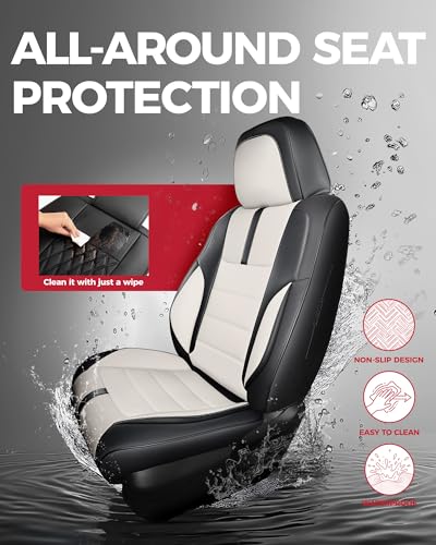 FREESOO Universal Full Seat Covers, Waterproof Faux Leather Automotive Seat Covers with Carbon Fiber Texture Seat Belt Pads, Anti-Slip Airbag Compatible Car Seat Covers for Cars SUVs Trucks - color: Black White, size: Full Set - 5 Seats