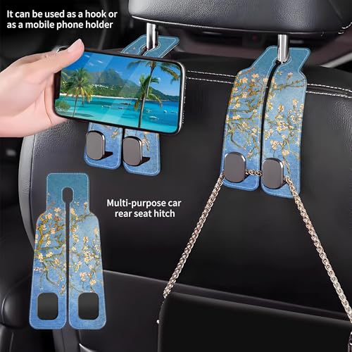 1 Pack Car Seat Headrest Hooks for Purses Abstract Blossoming Almond Tree Bag Purse Holder for Car with Double Metal Hooks Car Purse Hanger Hanging Accessories