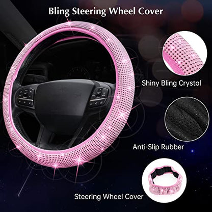 ARTILAURA 11 PCS Bling Car Accessories Set for Women Steering Wheel Covers Butterfly Hanging Seat Belt Cover Air Vent Clips Coasters Cute Glitter Diamond AUTO Accessories Kit (Pink) - color: Pink