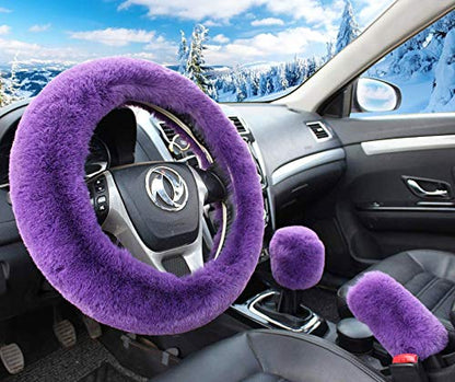 Pinbola 5pcs in 1 Set Faux Wool Steering Wheel Cover Soft Fluffy Handbrake Cover & Gear Shift Cover & 2pcs Seat Belt Shoulder Pads Warm Universal Fit for 15 Inch (Purple) - color: Purple