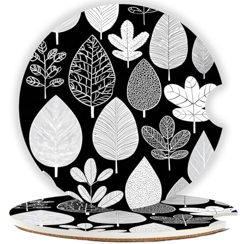 Car Cup Holder Coaster Set of 2, 2.56 in Ceramic Coasters, Scratch-Resistant Cork Backing, Finger Groove Design for Easy Placement, Cute Car Accessories Interior for Women (Black Leaves) - color: Black Leaves