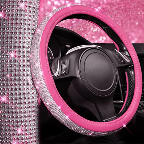CAR PASS Diamond Pink Leather Steering Wheel Cover, with Bling Crystal Rhinestones Universal Fit 14" 1/2-15" Crystal Glitter for Women Sparkle Girl Fit Suvs,Vans,Sedans,Cars,Trucks, Pink Diamond - color: Pink Leather Diamond