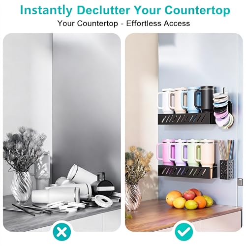 Magnetic Cup Holder for 8 Stanley 30/40 oz Tumbler, 2Pack Water Bottle Holder with Tumbler Lid & Straw Organizer, Flexible disassembly, Ideal for Fridge and Other Iron Surfaces - size: 8 bottles