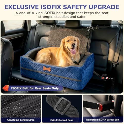 Dog Car Seat for Medium Large Dogs, 4" Elevated Dog Booster Seat with ISOFIX Safety Fixation, Washable Cover & High Density Memory Foam, Portable for Car Front/Rear/Trunk Home Outdoor Use (Navy Blue) - color: Navy Blue, size: Large