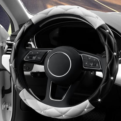 YOGURTCK Cute Diamond Soft Leather Anti-Slip Steering Wheel Cover with Bling Bling Crystal Rhinestones, Universal 15 Inch for Women Girls, Fit Vehicles, Sedans, SUVs, Vans, Trucks - Black and White - color: A-Black and White