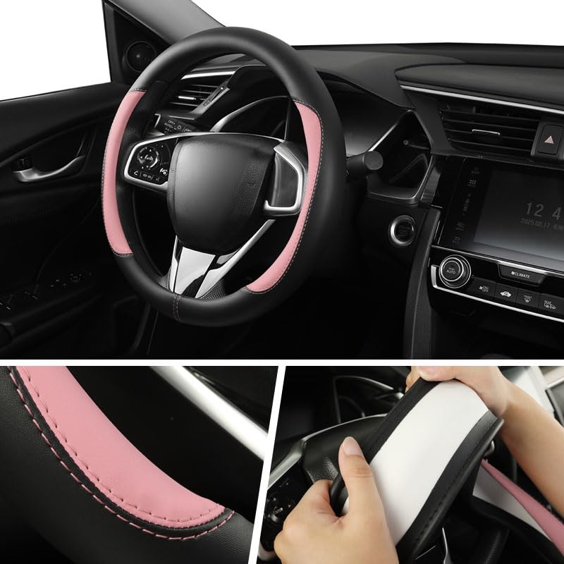 Car Steering Wheel Cover,Microfiber Leather Steering Wheel Cover Fit15.5-16 inch Large Size for F150 F250 F350 Ram Tacoma 4Runner Tundra Range Rover (Black&Pink) - color: Black&Pink, size: Large Size[15.5"-16"]