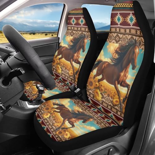 Bulopur Aztec Sunflower Horse Front Car Seat Covers Set of 2 Automotive Seat Protector Soft Stretchy Vehicle Interior Seat Covers Fit for Most Cars SUV and Most Sedans - color: Aztec Sunflower Horse