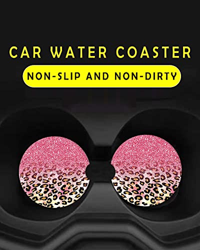 2 Pack Universal Ceramic Car Coasters Cute Pink Faux Glitter Leopard,Ceramic Stone with A Finger Notch for Easy Removal of Car Cup Holder Coaster - color: Cute Pink Faux Glitter Leopard