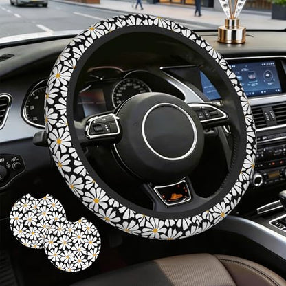 Daisy Steering Wheel Cover for Women Girly,White Daisy Flower 15 Inch Non-Slip Breathable Neoprene Steering Wheel Cover Fit Auto,SUVs,Includes 2 PCS Cup Coasters - color: Daisy