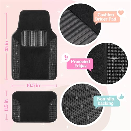 Carbella Diamond Bling Car Mats 4-Piece Set, Shiny Rhinestone Crystal Carpet Car Floor Mats, Two-Tone Floor Mats for Cars, Cute Automotive Interior Car Accessories for Women (Black)