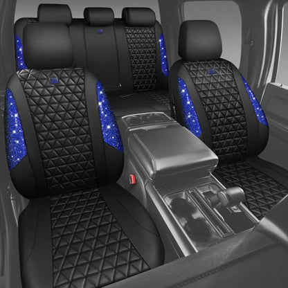 CAR PASS Bling Diamond Black Leather Car Seat Covers Full Set Interior Sets, Waterproof Shining Glitter Sparkly Crystal Universal Armrest Fit Automotive Truck SUV Cute Women Girl, Blue Rhinestone - color: Blue Rhinestone, size: Full Set