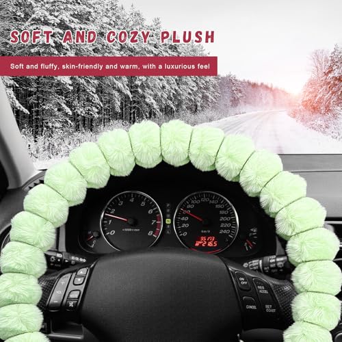 Fluffy Car Steering Wheel Cover, Soft Warm Plush Vehicle Steering Wheel Protector, 14.5-15 Inches Cute Anti-Slip Automotive Handle Cover for Women Girl, Car Accessories (Green) - color: Green