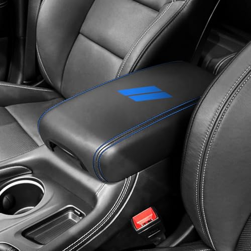Center Console Armrest Cover for Dodge Durango Accessories 2026 2025 2024-2021 Seat Console Box Cover Leather Protector Pad Interior Decoration (Blue Stitches, Blue Logo) - color: Blue