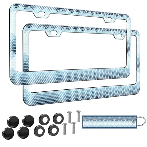 2pcs Blue Knitting Pattern License Plate Frame for Women, Blue Boho Crochet Car Decorative Tag Frames Girly, License Plate Cover Holder for Vehicle with Car Keychain Tag - color: for Blue Knitting, size: 2pcs