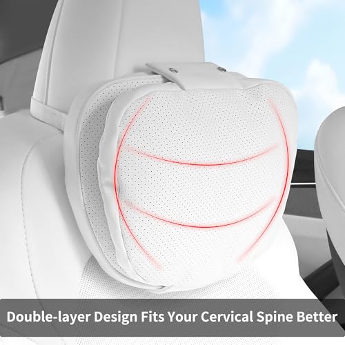 Car Headrest Pillow for Driving, Dual-Sided Leather Design Neck Pillow, Breathable Softness Neck Support, Universal Fit Head Rest Travel Pillow, White, 1 Pack - color: Tesla White