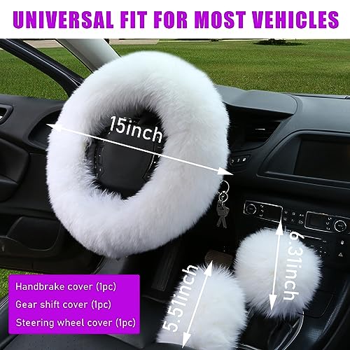 3PCS Wool Steering Wheel Cover with Fuzzy Handbrake Cover & Gear Shift Cover, Universal 15 Inch Steering Wheel Fluffy Soft Protector, Comforting Warm Car Decoration for Women Men (White) - style: White