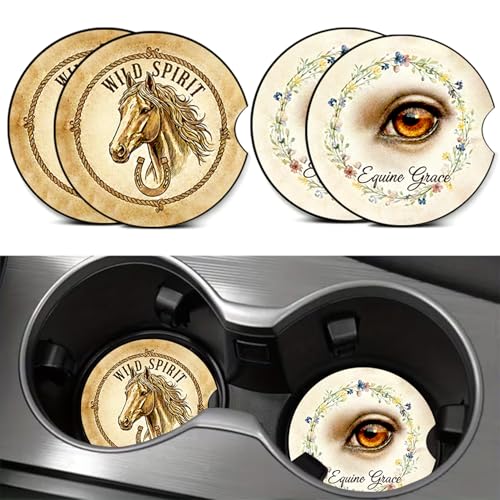 4PCS Horse Car Cup Holder Coasters, Robust Equine Car Coasters Cars Accessories Interior Decor Universal Neoprene 2.75" Anti-Slip Rubber Mat with Finger Slot, Horse Gifts for Women, Men, Driver - color: Horse