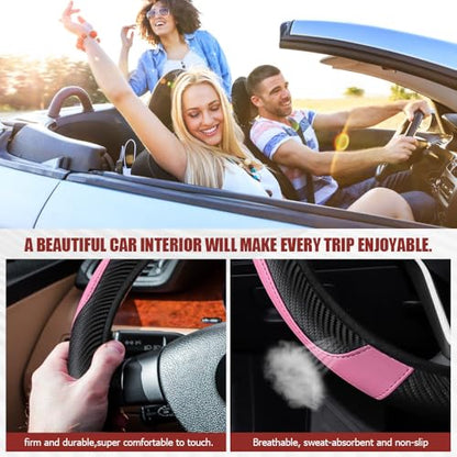 Car Steering Wheel Cover, Steering Wheel Protector, Universal 14.5-15 Inch Microfiber Leather Breathable Auto Steering Wheel Covers, Carbon Fiber Steering Wheel Cover for Women Men (Pink) - color: Pink