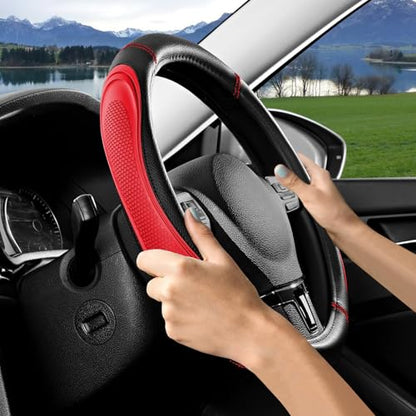 Red Film Splicing Leather Steering Wheel Cover, Microfiber Leather, Anti-Slip, Breathable, Universal Fit for 14.5–15 in Steering Wheel Cover for Men Women - color: Film-Grained - Red