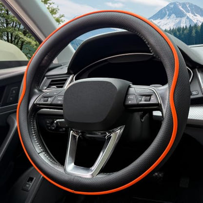 HAOTULE Leather Steering Wheel Cover， with Anti-Slip Stripe Design - Enhanced Grip, Fashion Style, Safe, Non-Slip, Breathable. Upgrade car Interior，Orange - color: Black Orange