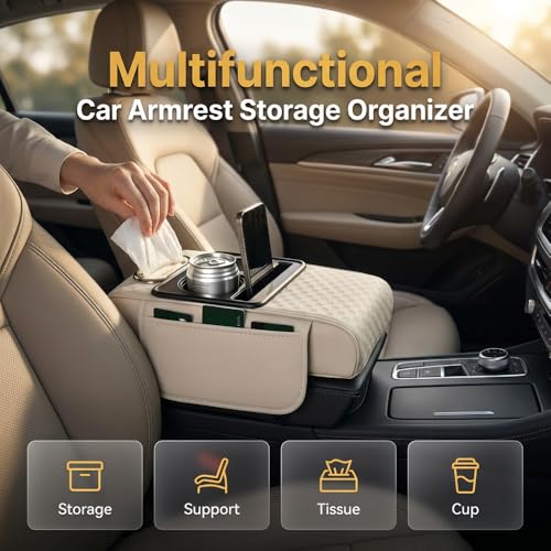 5 in 1 Car Center Console Cover, Car Armrest Cover with Cup Holder, Storage Pockets, Tissue Box Slot, Phone Holder, Car Interior Accessories (Coffee) - color: Coffee