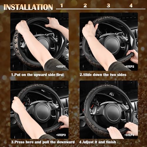 CAR PASS Bling Diamond Steering Wheel Cover Leopard Pattern, Sparkly Crystal Glitter Rhinestones Black Leather Wheel Protect for Women Girl Fit Suvs,Vans,Sedans,Cars,Trucks, 14" 1/2-15" Gold Leopard