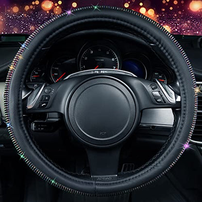CAR PASS Diamond Leather Steering Wheel Cover, with Bling Crystal Rhinestones Fit Suvs,Vans,Sedans,Cars,Trucks Universal Fit 14.5-15inch Crystal Glitter for Women Sparkle Girl, Multicolor Diamond - color: Colorful Diamond
