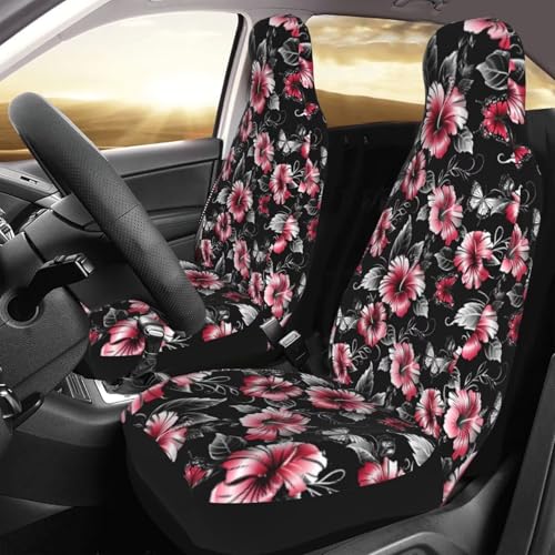 Red Floral Seat Covers Universal Fit Most Cars SUVs Trucks Vans Hibiscus Flowers Front Bucket Seats Protector Keep Clean from Sweat Dirt Gray Hawiin Aloha Leaf Seat Covers - color: Red Floral