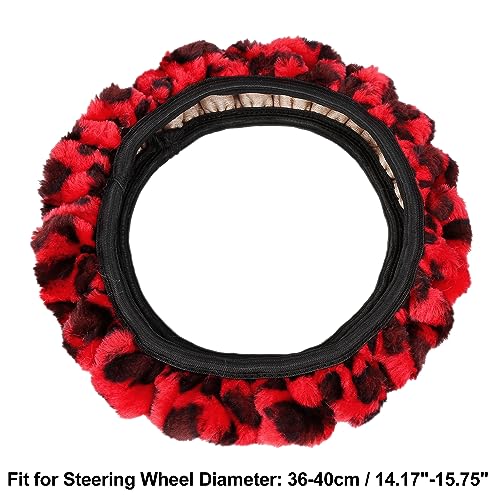 X AUTOHAUX Elastic Leopard Pattern Fluffy Car Steering Wheel Cover with Handbrake Gear Shift Cover Set Universal Red - color: Red