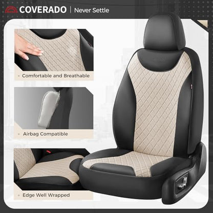Coverado Front and Back Seat Covers, 5-Pack Universal Seat Covers for Cars, Leather & Fabric Splicing Design Car Seat Protectors, Waterproof Seat Cushions Universal for Most Vehicles, Black & Beige - color: Black&Beige