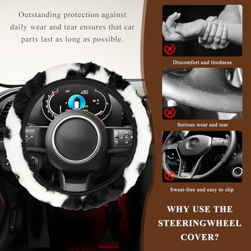 Cow Print Car Steering Wheel Cover, Cute Cow Print Anti-Slip Plush Wheel Protector for Winter Warm, Soft Fluffy Comfortable Grip Printed Wheel Covers for Women Girls - color: Steering Wheel Cover