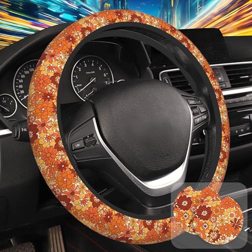 Boho Orange Flowers Steering Wheel Cover with 2 Pcs Car Coasters Neoprene Steering Wheel Cover for Women Men Anti-Slip Breathable Car Accessories Universal 15 Inch Fit Auto Cars Trucks - color: Boho Orange Flowers