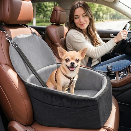 Dog Car Seat for Small Dogs, Dog Booster Seat with Extendable Backrest, Pet Car Seats up to 30 lbs, Washable Removable Cover Travel Bed with Storage Pockets and 2 Safety Leashes, Black&Grey - color: Black&Grey