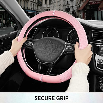 Road Comforts Leopard Steering Wheel Cover for Women, Cute Anti-Slip Microfiber Leather, Fits D Shape Flat Bottom Steering Wheel 14.5-15 Inch - Pink and Pink Leapoard - color: D Shape-All Pink