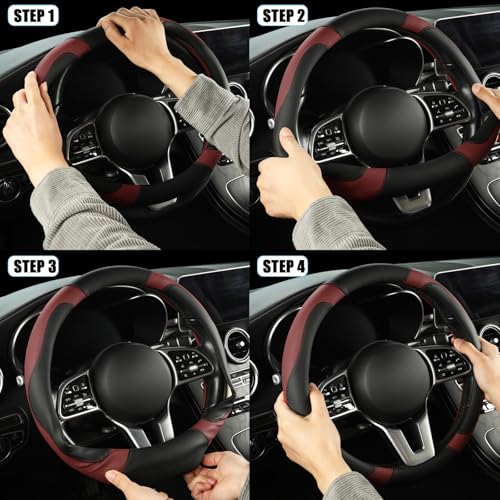 Microfiber Leather D Shaped Steering Wheel Cover, Breathable, Anti Slip, 13.5 inch to 14 inch, Black with Burgundy - color: Black Burgundy, size: D Shape-Small[13.5''-14'']