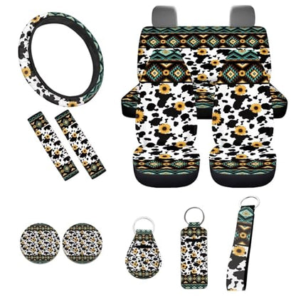 Aztec Cow Geometric Seat Covers for Car,11Pack Cow Auto Seat Covers for Front Back,Universal Fit Most Vehicle Truck SUV,Auto Steering Wheel Cover Seatbelt Pads Keychain Cup Holder Coasters - color: Aztec Cow