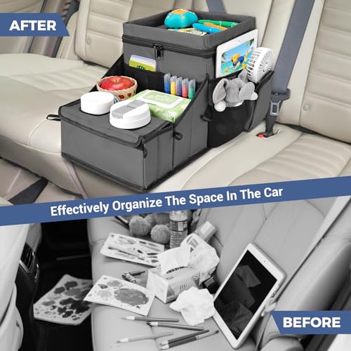 COOLBEBE Car Seat Organizer, Backseat Car Organizer with Cup Holders for Kids and Adults Travel, Cooler Compartment Passenger Seat Organizer Storage Box for Front or Middle Seat, Grey