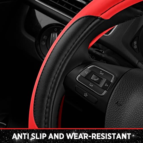 Road Comforts Leather Steering Wheel Cover - Made with PVC Leather - Anti-Slip, Universal Fit 14 1/2 inches to 15 inches - Red - color: Red