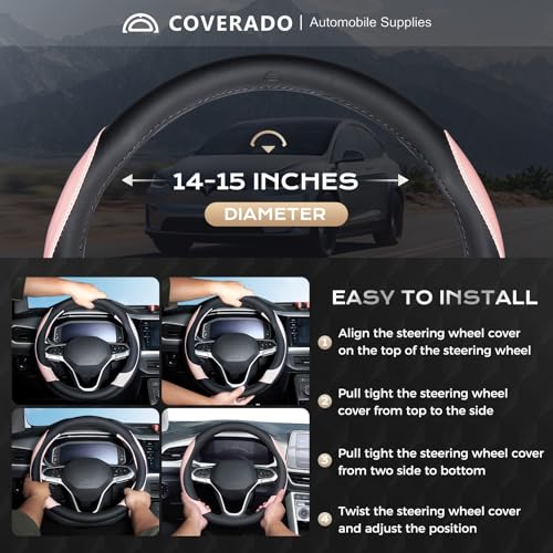 Coverado Car Steering Wheel Cover, Nappa Leather Black & Pink Steering Wheel Covers for Women, Universal 14-15 inch, Anti-Slip, Breathable Steering Wheel Protector - color: B-BlackPink