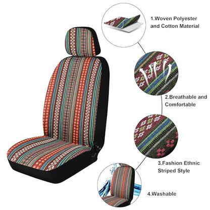 Baja Saddle Blanket Car Seat Covers, Boho Striped Woven Front Seat Protectors, Breathable & Washable Interior Covers, Universal Fit for Most Cars SUVs Trucks, Airbag Compatible, Flower, 8 pcs. - color: FLOWER&RED