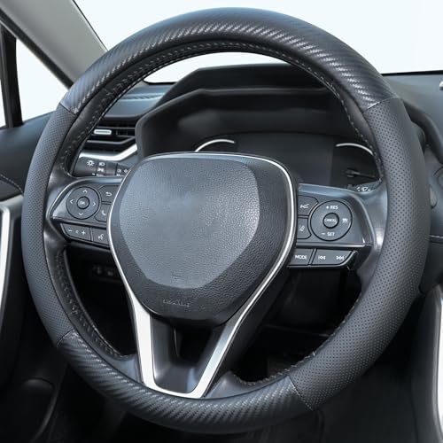 Uxcer Carbon Fiber Leather Steering Wheel Cover, Universal 14.5–15 Inch Non-Slip Breathable Steering Wheel Cover for Cars, Carbon Fiber - color: Carbon Fiber