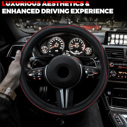 Ouzorp Car Steering Wheel Cover, Microfiber Leather Steering Wheel Covers with Anti-Slip Lining, Universal 14.5-15 inchs Black with Red line - color: Black with Red line，size[14.5"-15"]