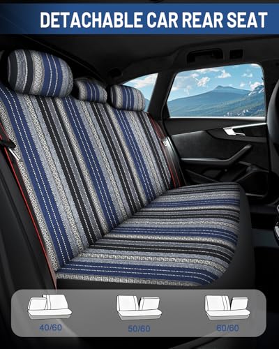Baja Saddle Blanket Car Seat Covers Full Set with Seat Belt Pads and Steering Wheel Cover, Washable Breathable Striped Woven Cloth Seat Covers for Cars, SUV, Truck(Blue,Large) - color: Blue, size: Full Set