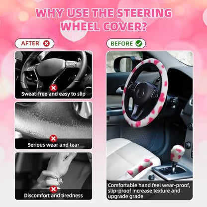 SuperKaKa 3PCS Plush Heart Print Steering Wheel Cover,Auto Furry Cute Shift Gear & Hand Brake Covers Soft Warm Universal Car Interior Accessories for Women Men(Pink Heart) - color: Pink Heart