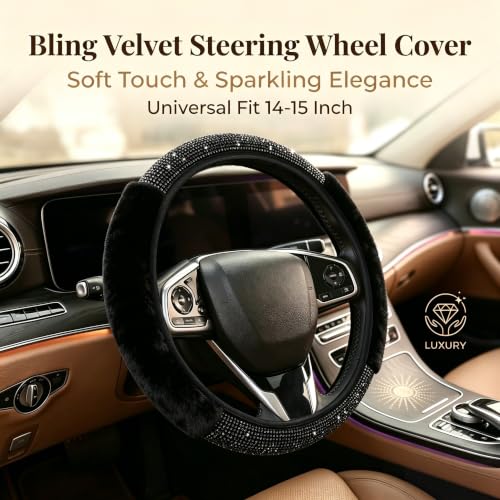 Bling Steering Wheel Cover for Women Girls, Black Rhinestone Diamond Sparkling Fur Fluffy Steering Wheel Accessories Elastic Steering Wheel Covers Winter Warm Universal Fit 14-15 inches - color: Black