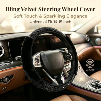 Bling Steering Wheel Cover for Women Girls, Black Rhinestone Diamond Sparkling Fur Fluffy Steering Wheel Accessories Elastic Steering Wheel Covers Winter Warm Universal Fit 14-15 inches - color: Black