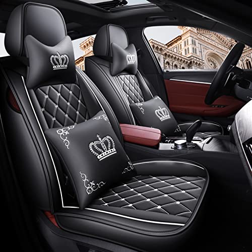 Crown Car Seat Covers Full Set, Premium Leather Waterproof Anti-Slip Automotive Interior Protector for Cars, SUVs, Pickup, Trucks & Sedans (Black+White Line) - color: Black+White