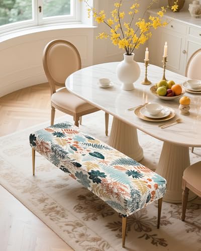 Fuloon Stretch Bench Cover, Anti-Dust Removable Dining Bench Slipcover Washable Seat Cushion Protector for Bedroom, Kitchen, Hotel, Banquet, Green Gold Flower - color: Flower Green Gold