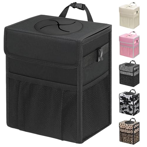 Capolo Car Trash Can with Lid, Leakproof Car Trash Bag Hanging Waterproof Automotive Garbage Can with Storage Pockets Mini Vehicle Trash Bin for Back/Front Seat(Black,3 Gallon) - color: Black, size: 3 Gallons